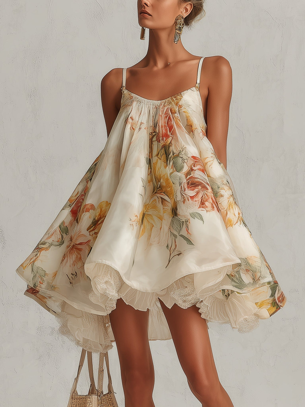 Blanche – Vestido Organza Floral Beige