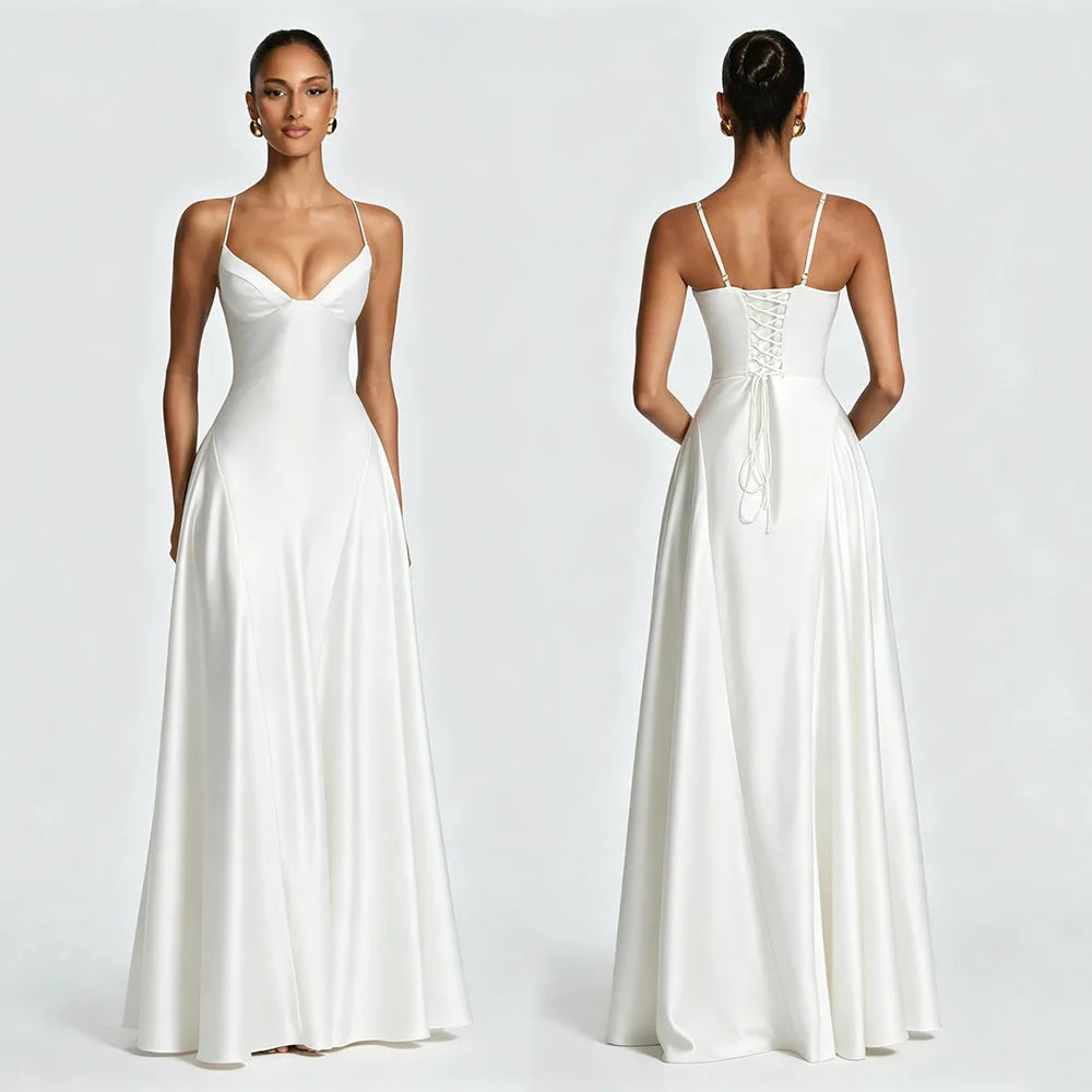 Celeste | Vestido Largo Satén Espalda Descubierta