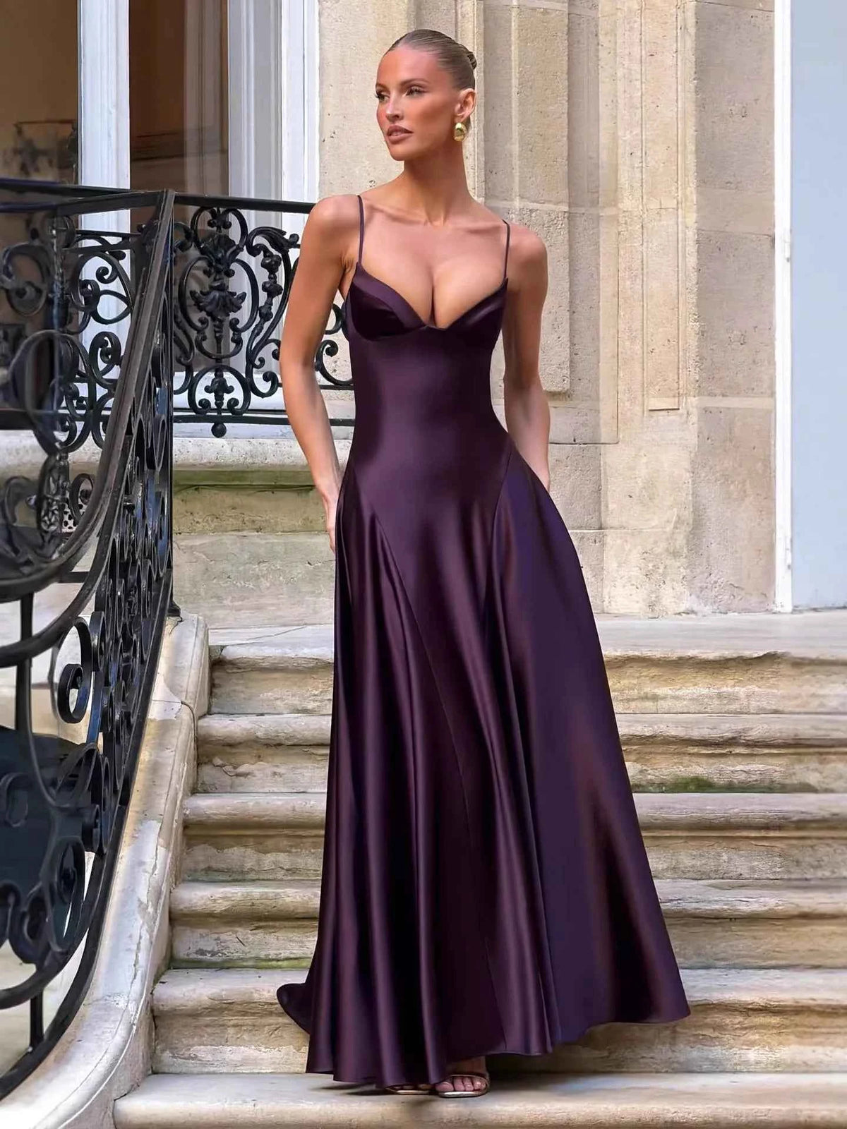 Celeste | Vestido Largo Satén Espalda Descubierta