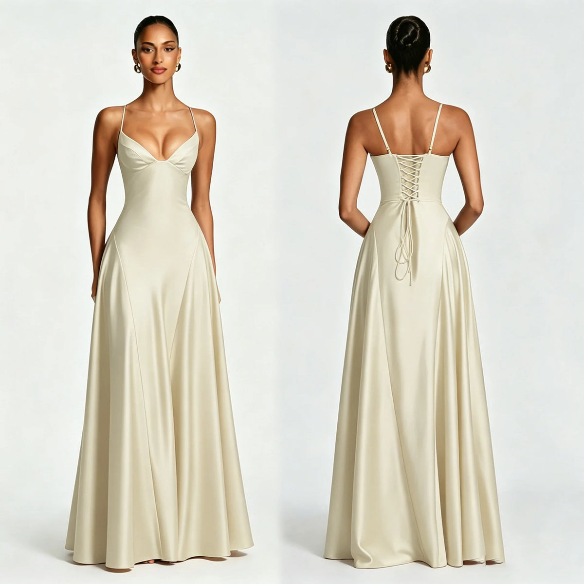 Celeste | Vestido Largo Satén Espalda Descubierta