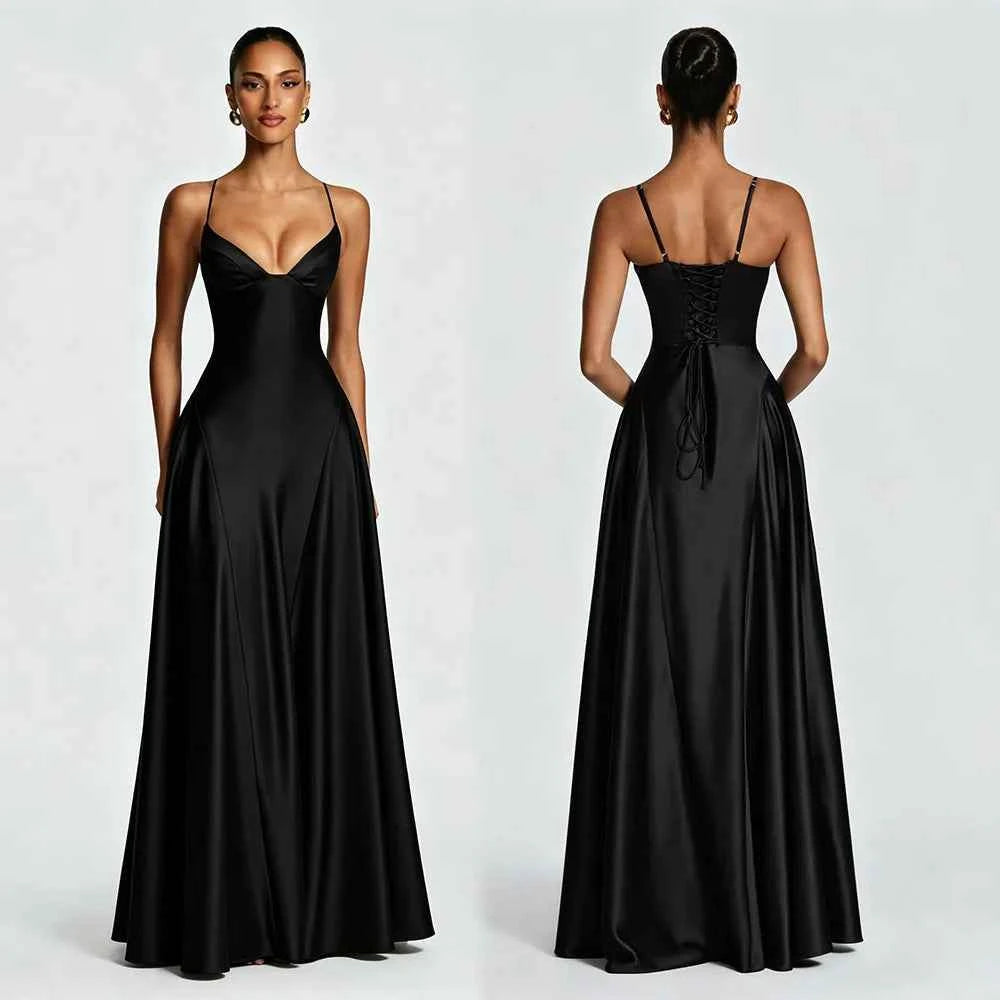 Celeste | Vestido Largo Satén Espalda Descubierta