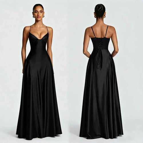 Celeste | Vestido Largo Satén Espalda Descubierta