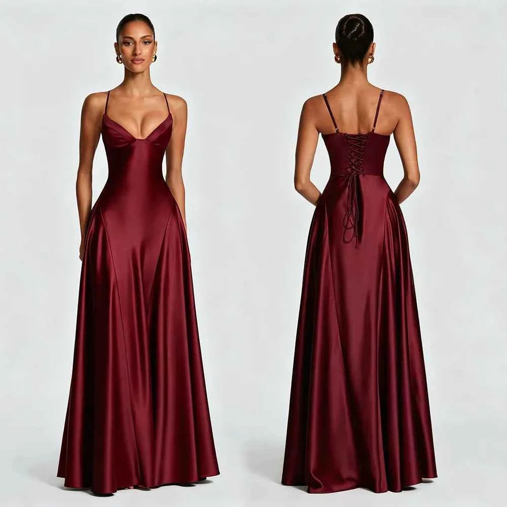 Celeste | Vestido Largo Satén Espalda Descubierta