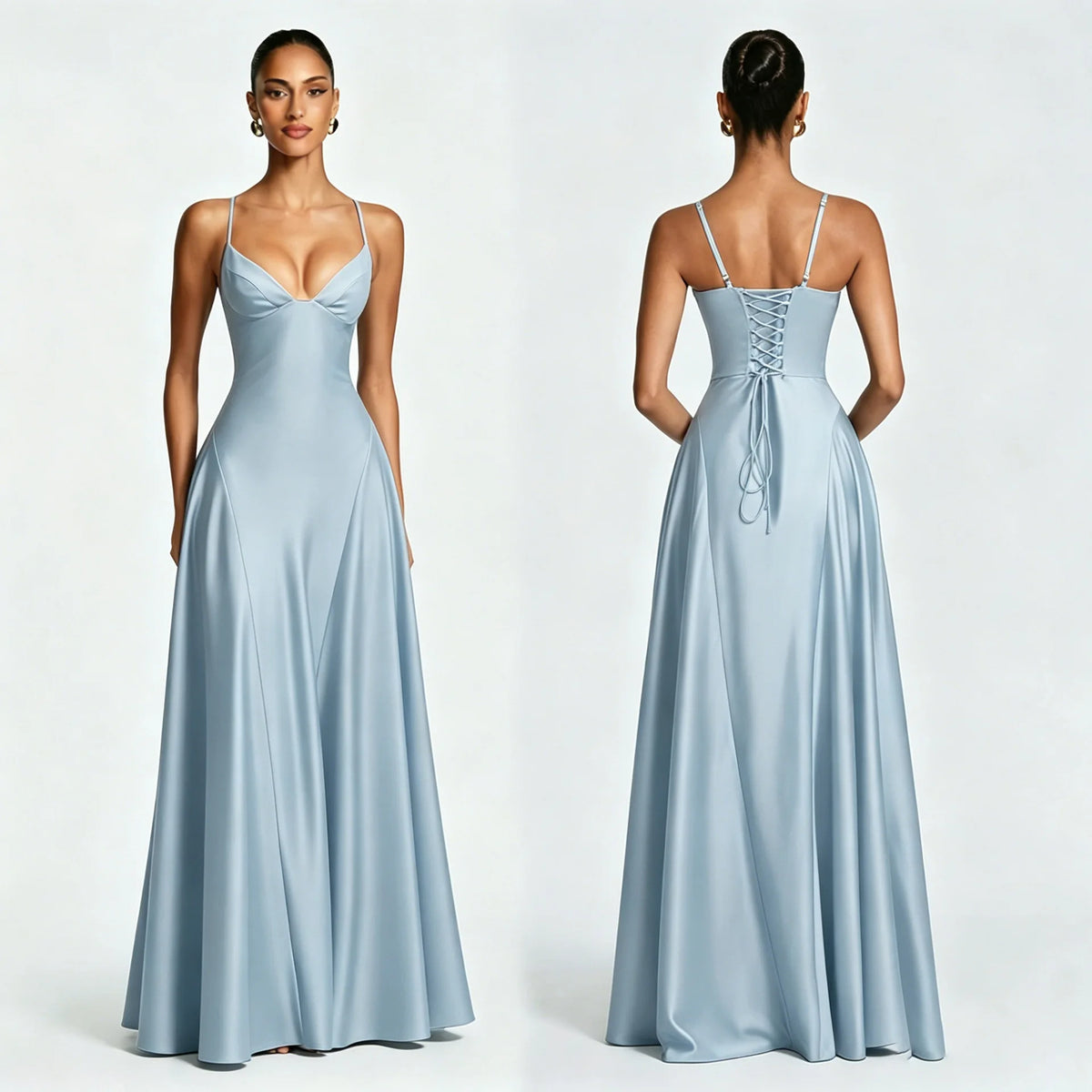 Celeste | Vestido Largo Satén Espalda Descubierta