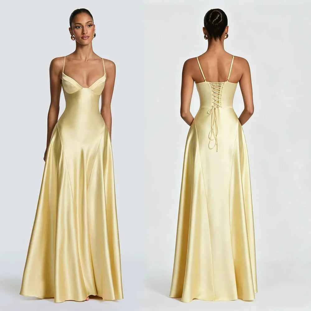 Celeste | Vestido Largo Satén Espalda Descubierta