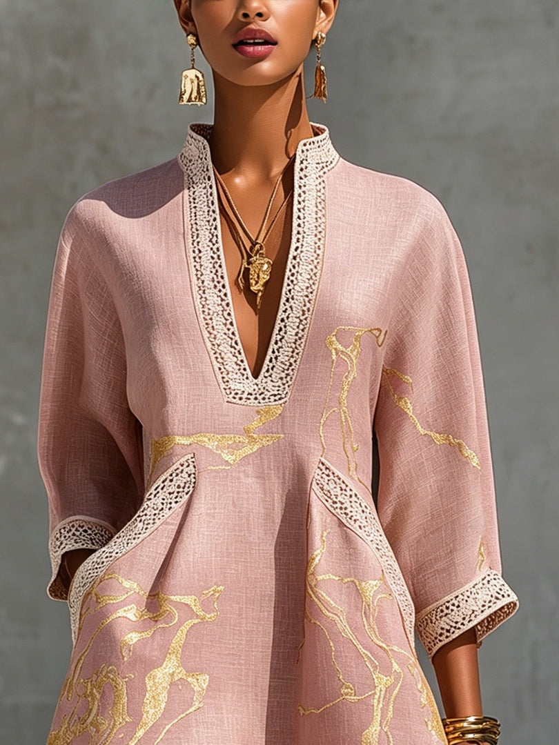 Ninon | Vestido Encaje Rosa Motivos Dorados