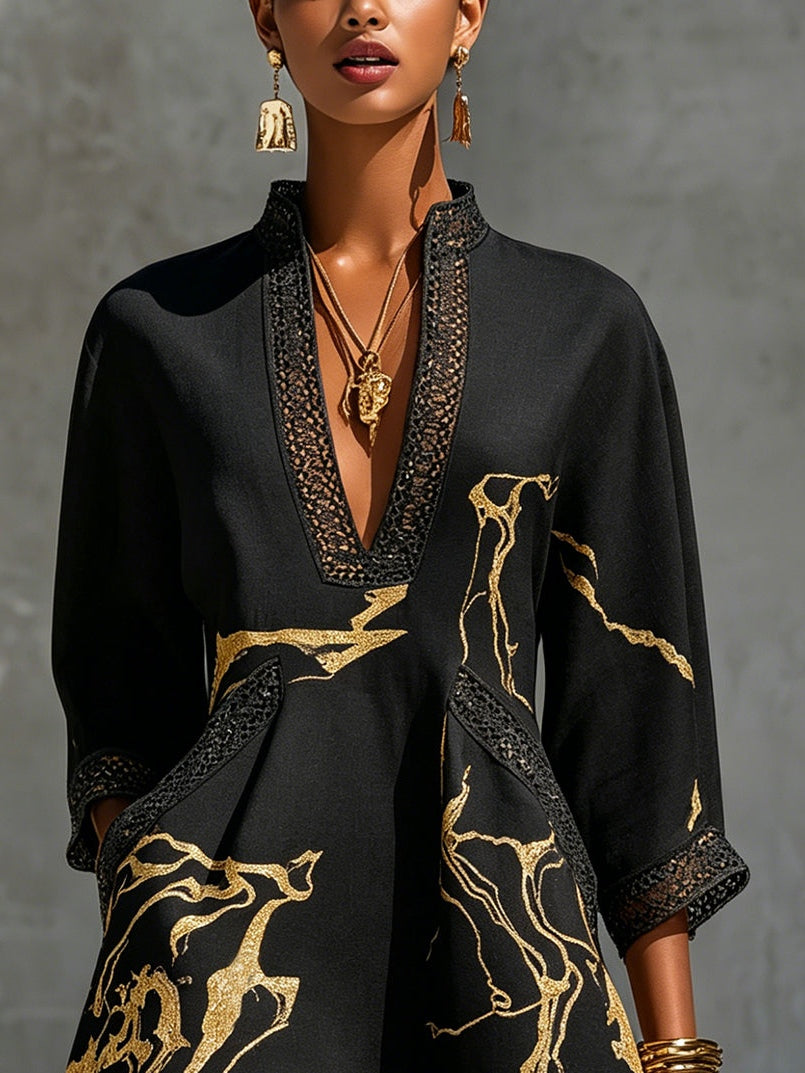 Léonie | Vestido Encaje Negro Motivos Dorados