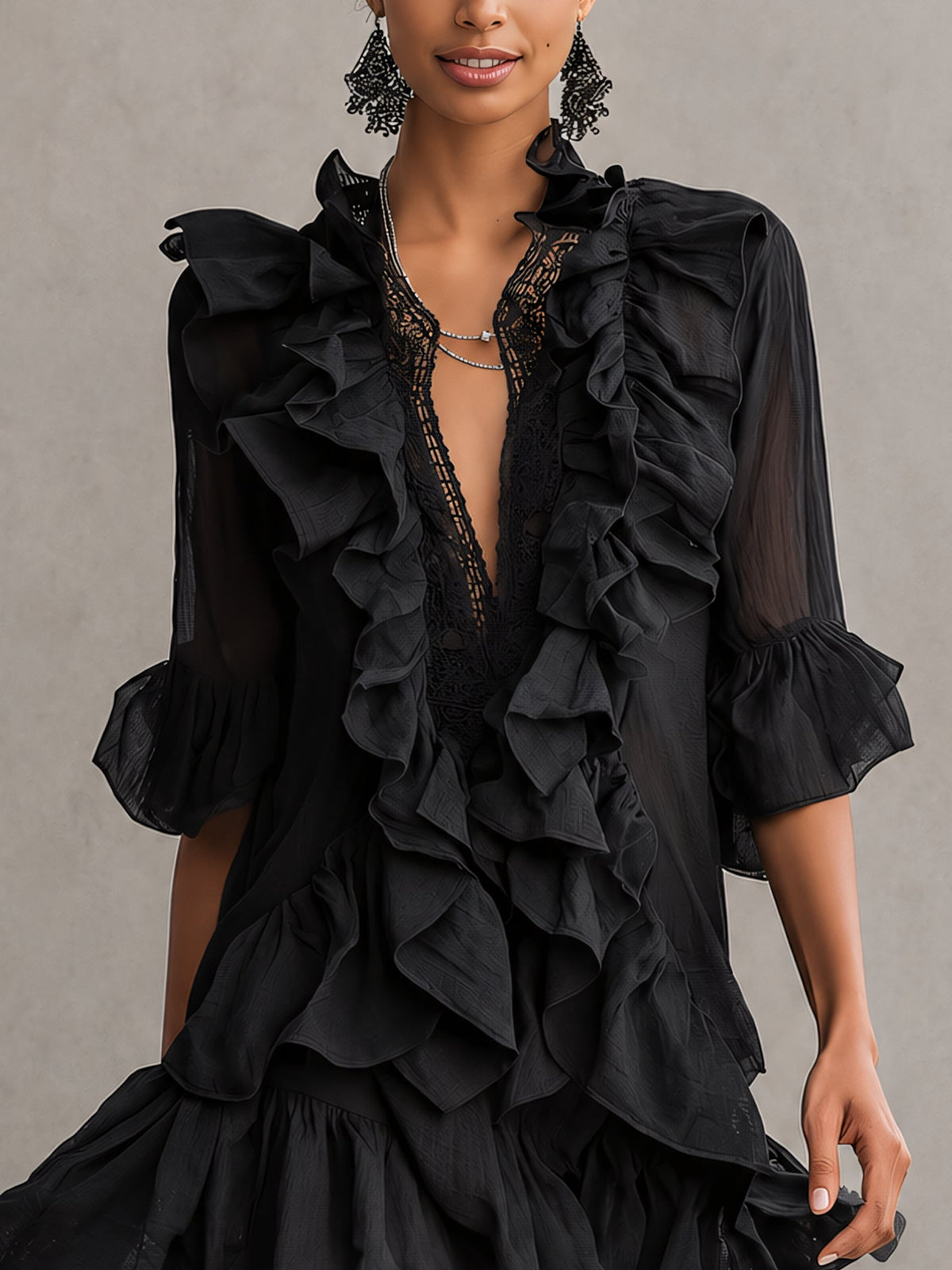 Anaïs | Vestido Gasa Negra Volantes