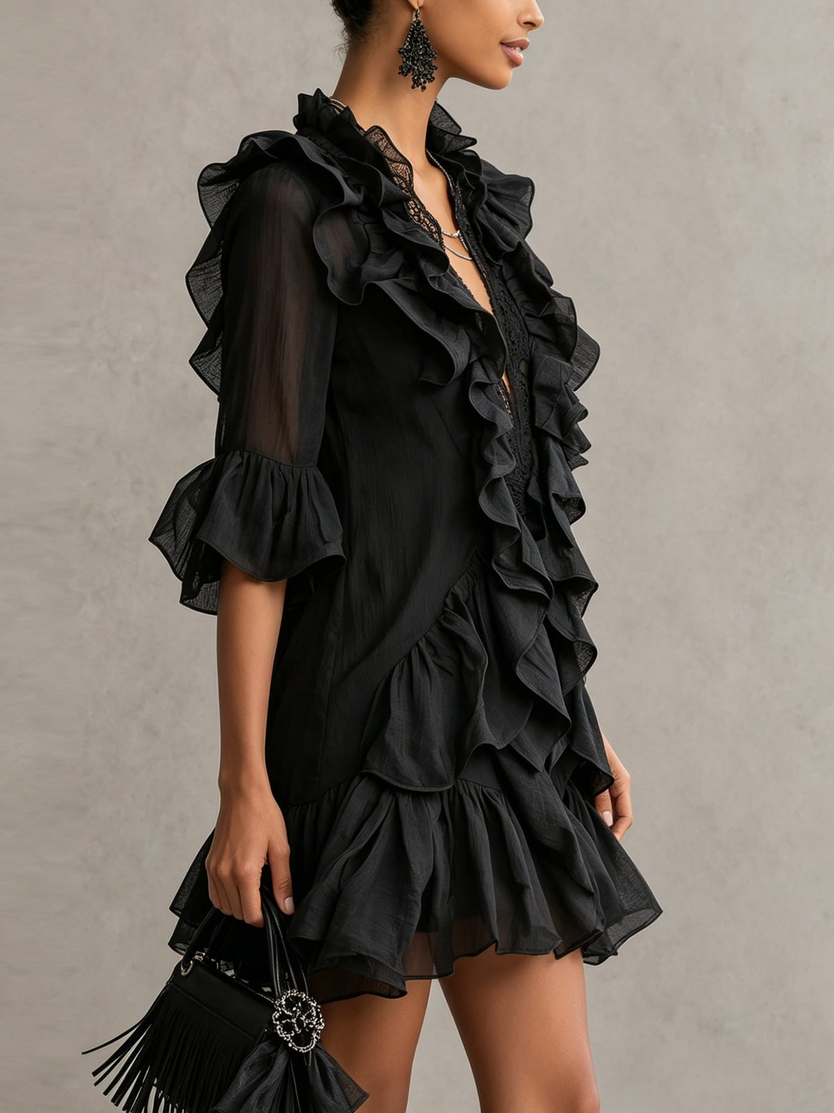 Anaïs | Vestido Gasa Negra Volantes