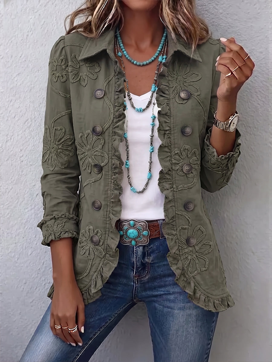 Alessandra | Veste Boho-Chic Brodée Fleurs à Finitions Froncées