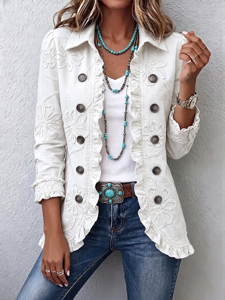 Camilla | Veste Boho-Chic Brodée Fleurs Ivoire à Finitions Froncées